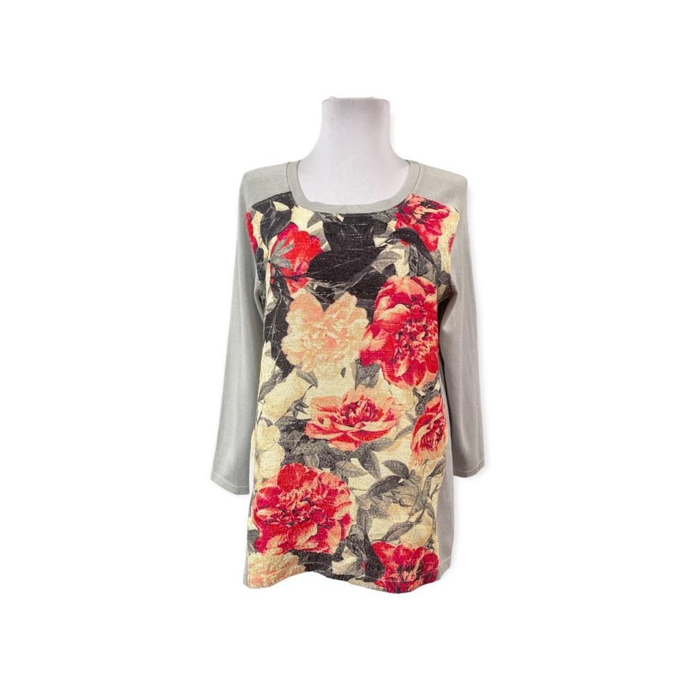 Alfani Women's Petite Medium PM Sweater Blouse Floral Gray 3/4 sleeves